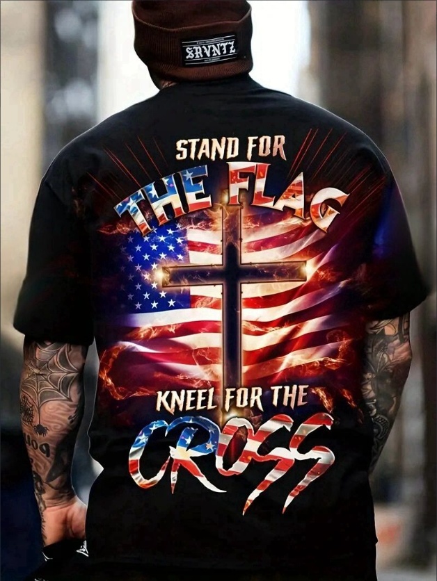 3D American Flag Cross Print Short Sleeve Crew Neck T-shirt - Vibrant Color Block Design, Slight Stretch Fabric, Machine Washable - Perfect For Summer Outdoor Activities