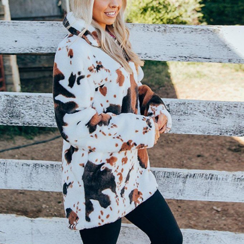 V-Neck Loose Cow Print Pullover Casual Sweater Women's