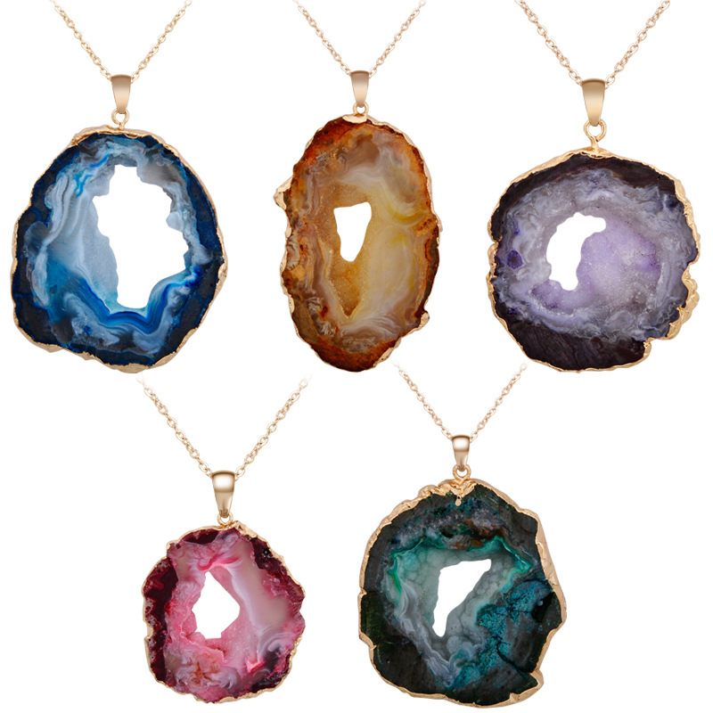 Natural Stone Pendant Rough Stone Cluster Striped Agate Crystal Hole Necklace