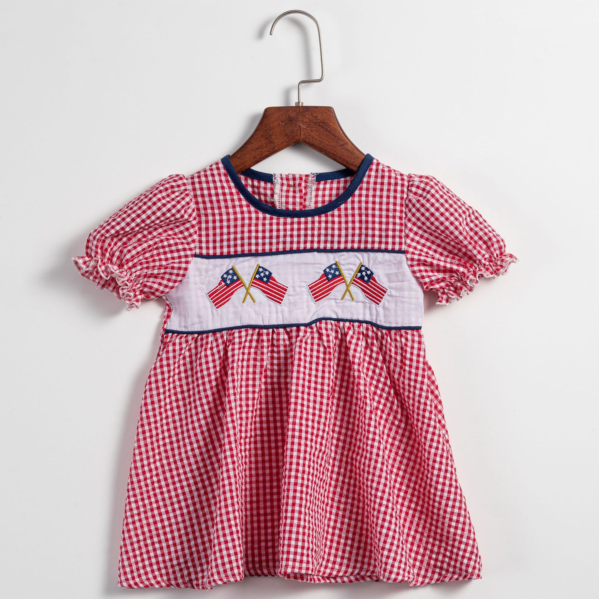 Girls Independence Day Festive Embroidered Plaid Short Sleeve Dress