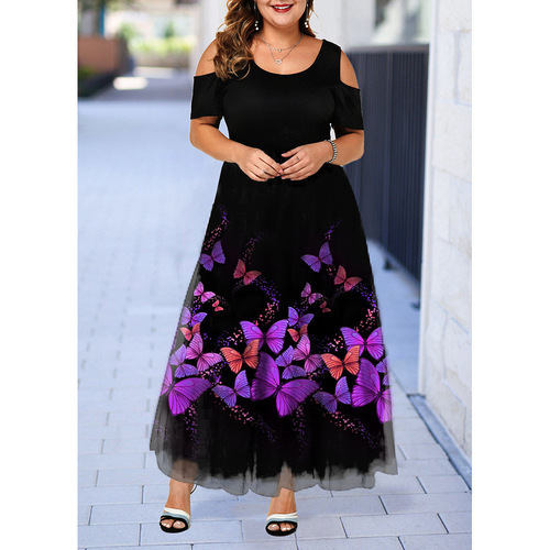 Short Sleeve Off-shoulder Plus Size Purple Print Dress