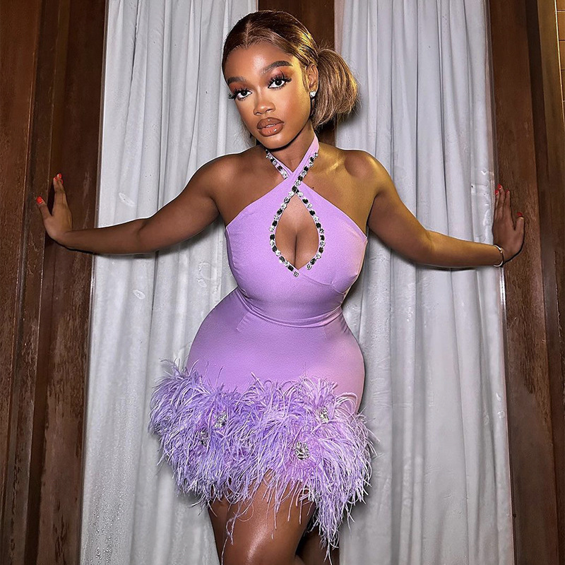 Purple Halter Rhinestone Feather Bandage One-piece Dress