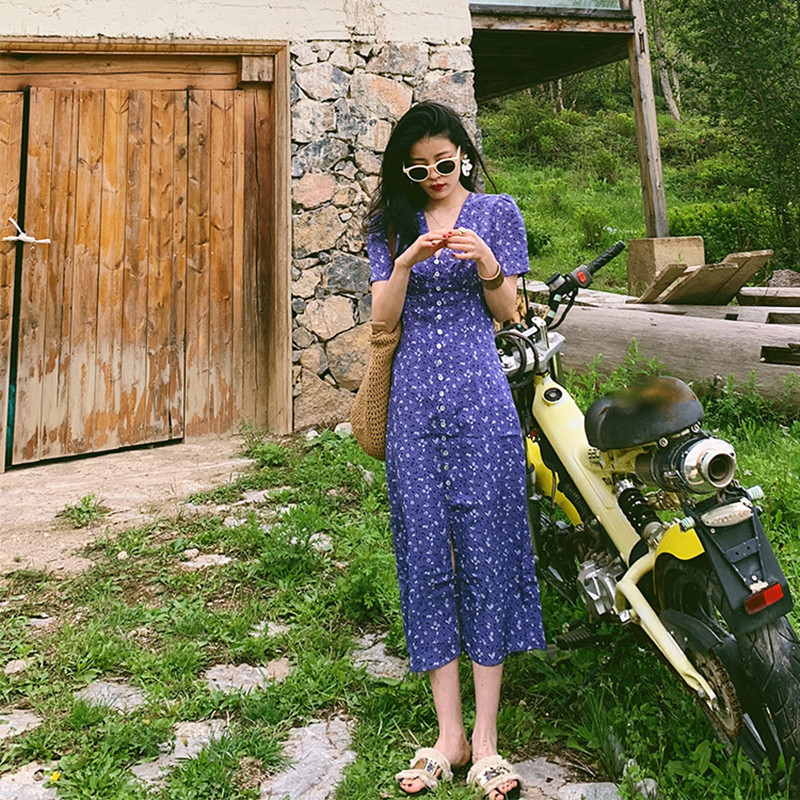 Women's Slim Purple Short Sleeve Floral Dress