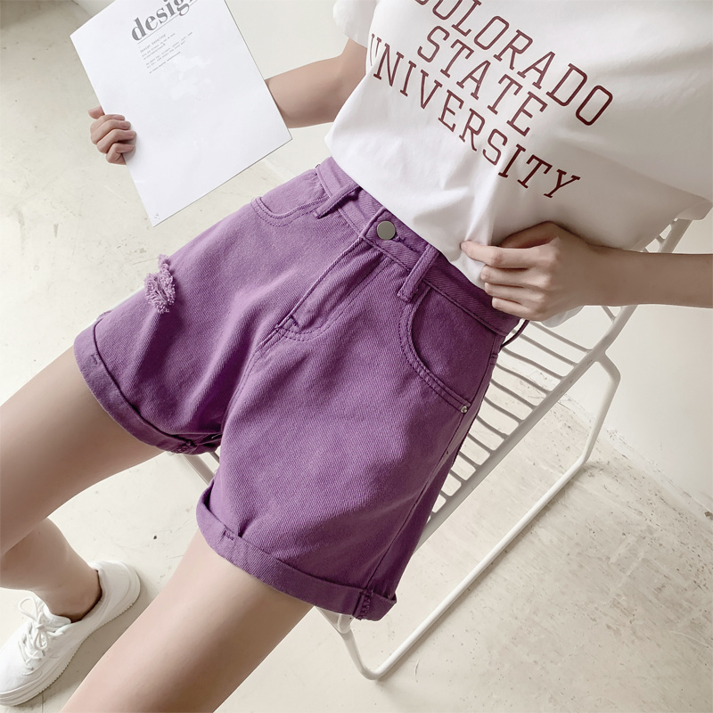 Purple Ripped Denim Shorts Women's High Waist Loose A- Line Wide Leg Pants