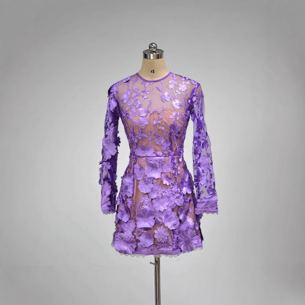 Flower Lace Purple Slim Fit Skirt Long Sleeve European And American Style