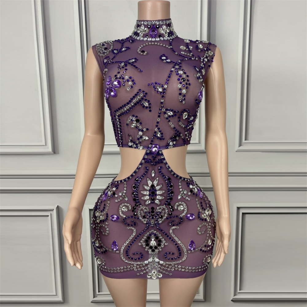 Purple Slim-fit Diamond Skinny Hollow-out Dress