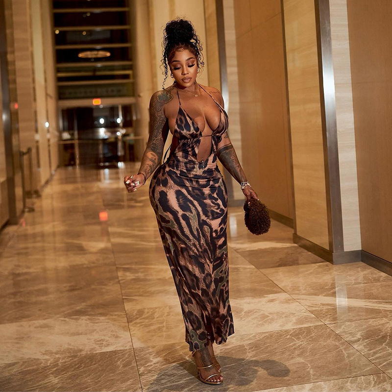 Sexy Style Halter Backless Leopard Print Long Dress